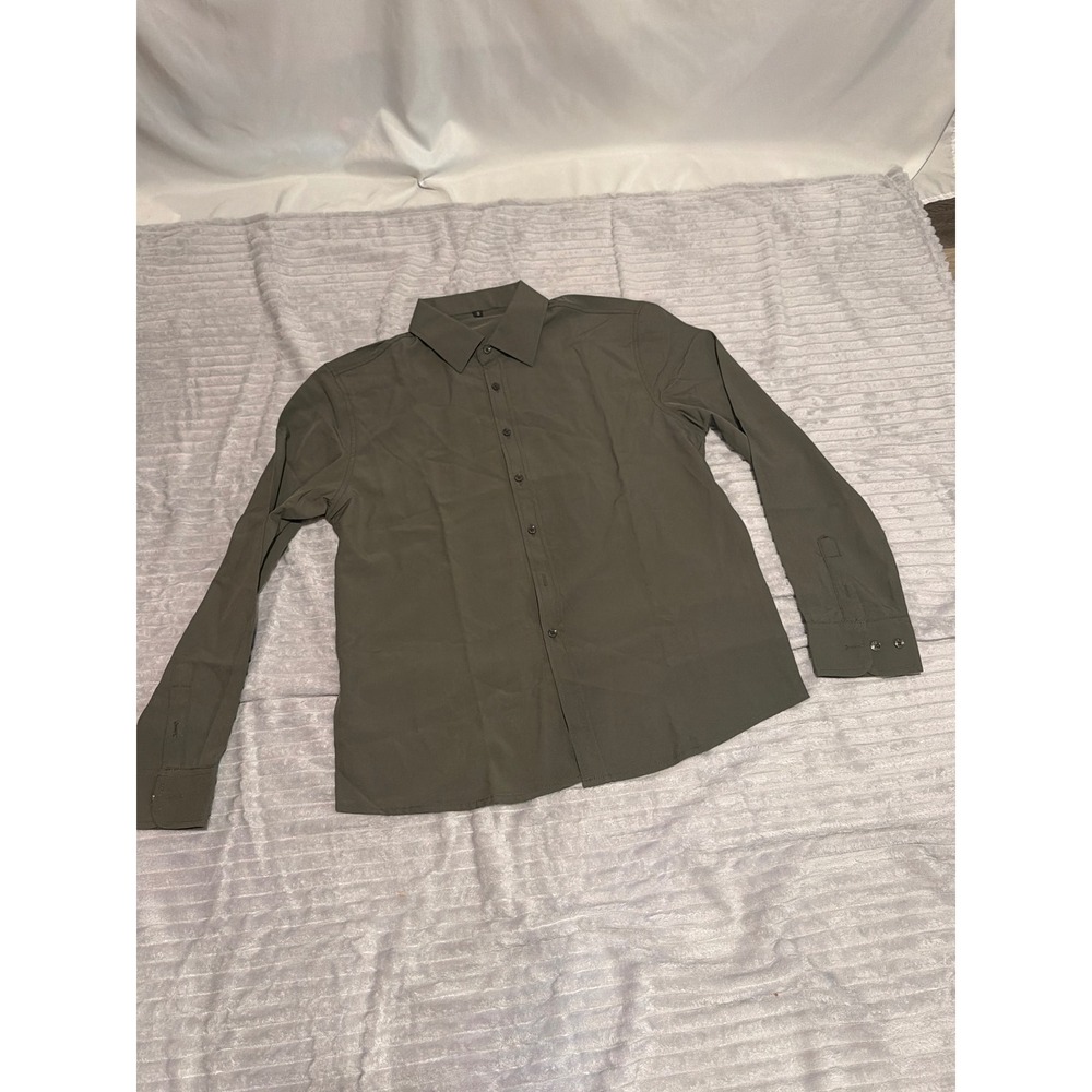 Mens Long Sleeve Button Down Shirt Olive Green Stretch Size Small Minimalist